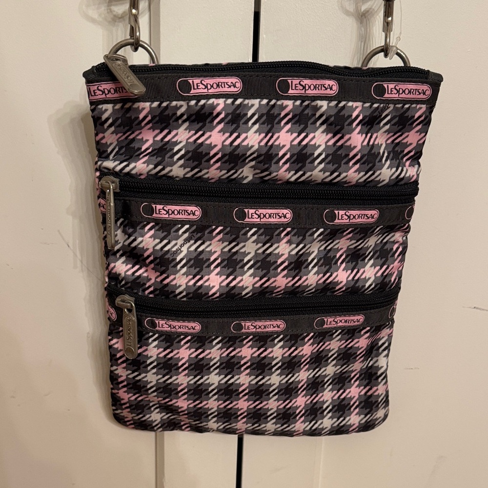 LeSportsac Pink and Black Houndstooth Crossbody Bag